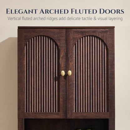 72-Inch Wooden Over The Toilet Bathroom Storage Cabinet - Brown, Arched Fluted Design