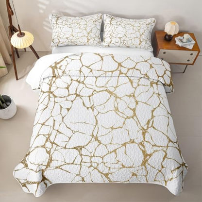 White Gold Metallic Marble Twin Quilt Set - Lightweight All-Season Bedding