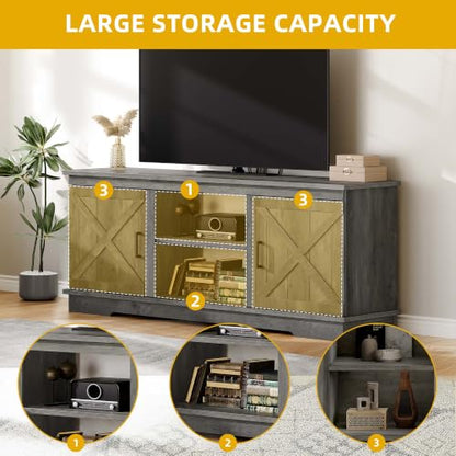 65-Inch TV Stand with Barn Doors and Adjustable Shelf, Rustic Grey - 59" without Fireplace