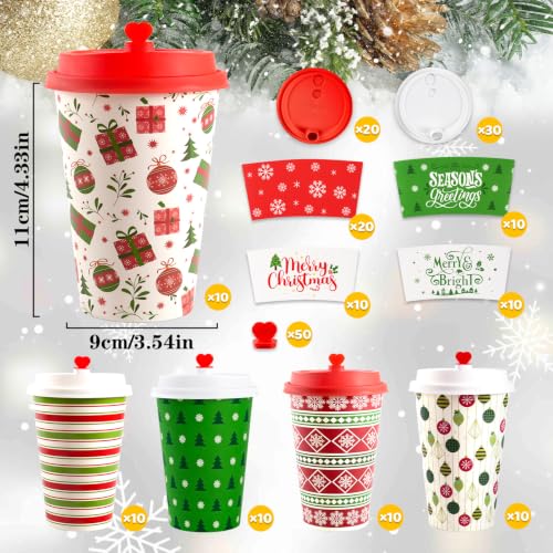 Red Green Christmas Hot Coffee Cups with Lids and Sleeves - 50 Pack, 12oz