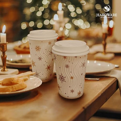 12oz Christmas Disposable Coffee Cups with Lids - Snowflake Winter Design, Pack of 100