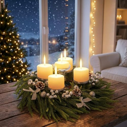 Silvery Norfolk Pine Christmas Advent Wreath with Berries & Ribbon - Ring Variation