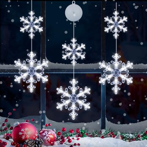 White Snowflake Christmas Window Lights Set - Battery Operated with Suction Cups