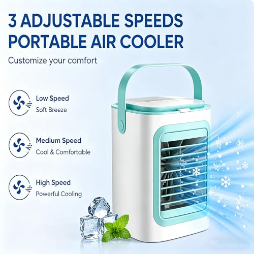Mini Air Conditioner Blue Portable Evaporative Cooler with 3 Speeds