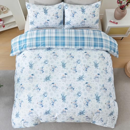 King Size Christmas Snowman Duvet Cover Set with Pillow Shams - Reversible Plaid Holiday Bedding, Blue Variation