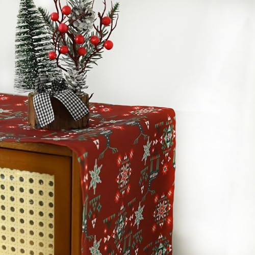 Christmas Table Runner Red with Reindeer Snowflake Geometric Pattern 13x48 Inches - Farmhouse Holiday Decor