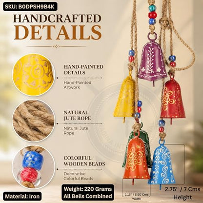 Holiday Christmas Bells Decoration Set with Hanging Ropes - Multicolor, 6 Pieces