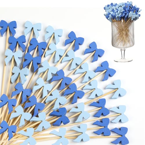 Blue Bow Bamboo Cocktail Picks 4.7 Inch - Party Food Skewers for Boy Baby Shower MD01
