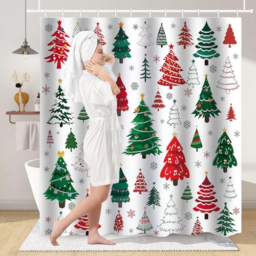 Christmas Shower Curtain Set with Snowman and Tree Design - Red Green White, 72x72 inches