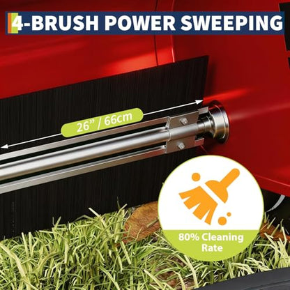 Red Push Lawn Sweeper 26-Inch with 7 Cu.Ft. Hopper, 4-Brush Power, Adjustable Height