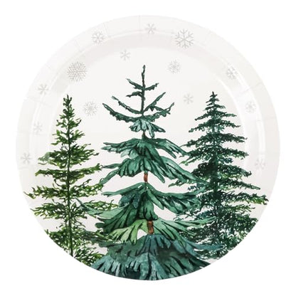Christmas Trees Paper Plates - 7 Inch Xmas Tree Snowflake Party Dinnerware, 24 Pack - Pine Trees Variation