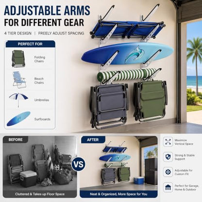 4-Tier Wall Mount Camping Chair & Surfboard Storage Rack for Garage