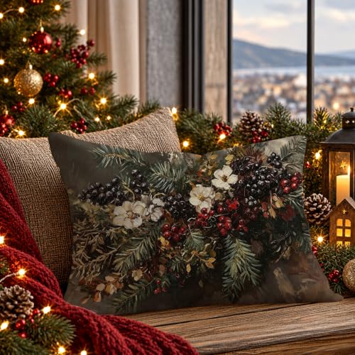 Winter Magnolia Christmas Floral Lumbar Pillow Cover 20x12 - Cozy Holiday Decor