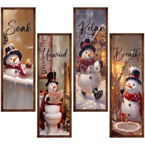 Christmas Snowman Bathroom Wall Decor Set - 4 Pcs Holiday Wall Signs - Unwind, Relax, Breathe