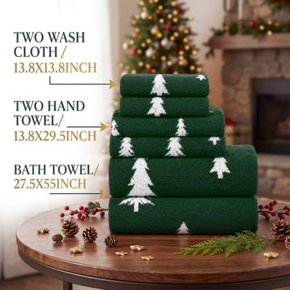 Christmas Tree Bath Towels Set - 6 Cotton Reversible Holiday Towels