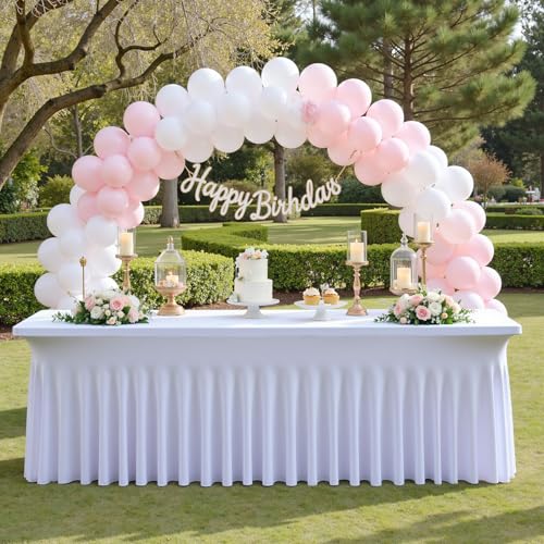 White Spandex Table Cover 8ft Rectangle with Ruffle Skirt 2 Pack - Wrinkle Free Stretch Fitted Tablecloths for Parties Weddings Banquets