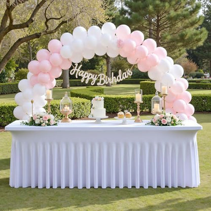 White Spandex Table Cover 8ft Rectangle with Ruffle Skirt 2 Pack - Wrinkle Free Stretch Fitted Tablecloths for Parties Weddings Banquets