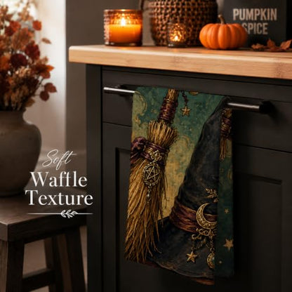 Halloween Kitchen Towel Witch Hat Broom and Crescent Moon Variation - Gothic Fall Decor