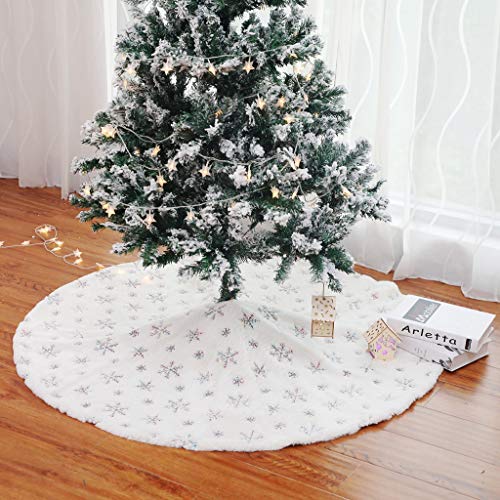 Christmas Tree Skirt 30 Inch Silver Snowflake Embroidery Faux Fur Decor