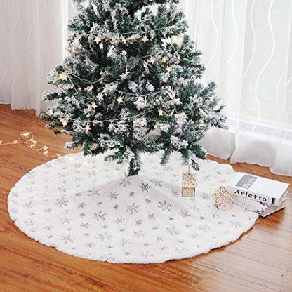 Christmas Tree Skirt 30 Inch Silver Snowflake Embroidery Faux Fur Decor