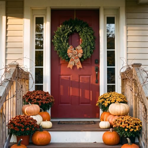 Fall Pumpkin Bows for Front Door Decor - 2 Pack Smaller Pumpkin Wreath Accents