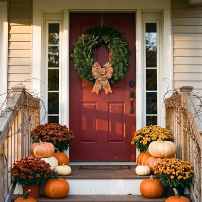 Fall Pumpkin Bows for Front Door Decor - 2 Pack Smaller Pumpkin Wreath Accents