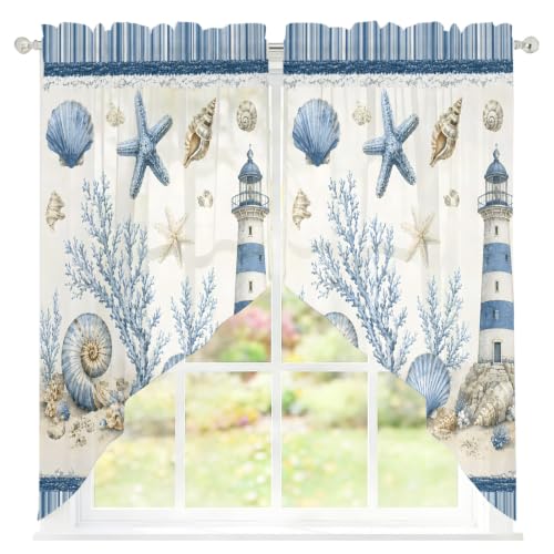 Coastal Blue Nautical Sheer Curtains Set 36x45 Inches with 2 Panels - Lighthouse & Conch Coral Design