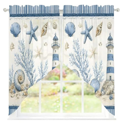 Coastal Blue Nautical Sheer Curtains Set 36x45 Inches with 2 Panels - Lighthouse & Conch Coral Design