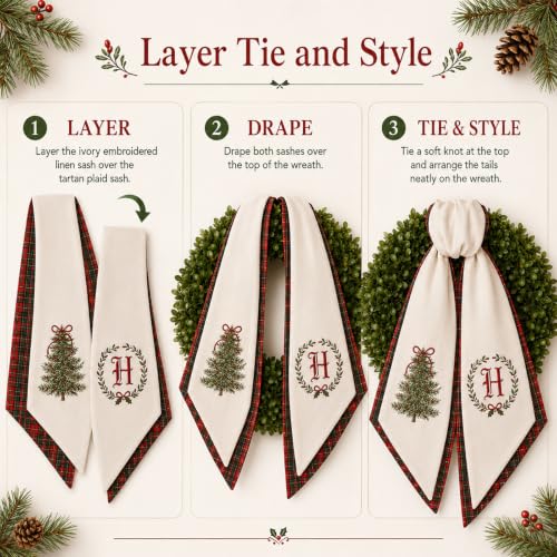 Personalized Christmas Wreath Sash Set - Monogram Embroidered Holiday Decor M