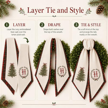 Personalized Christmas Wreath Sash Set - Monogram Embroidered Holiday Decor M