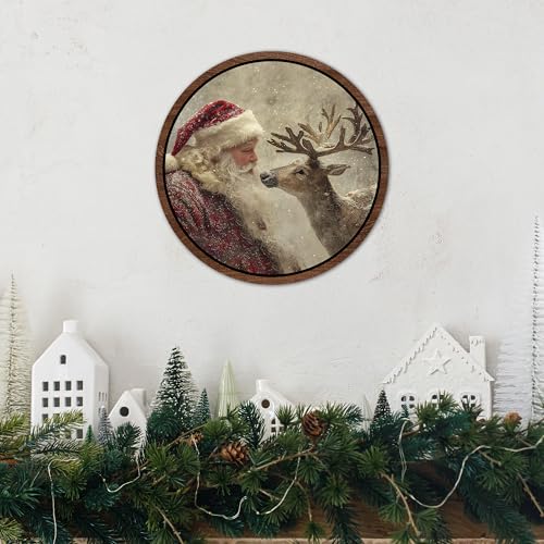 Christmas Santa Reindeer Wooden Wall Art Sign - 10 Inch Holiday Decor - XMAS-2