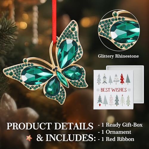 Green Butterfly Christmas Ornament - Metal Keepsake Holiday Decor, 2.5 Inch