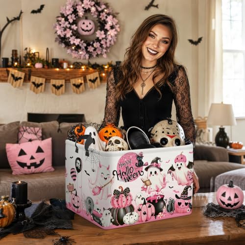 Pink Halloween Spooky Storage Basket with Handle - Cauldron / 40x30x30 cm