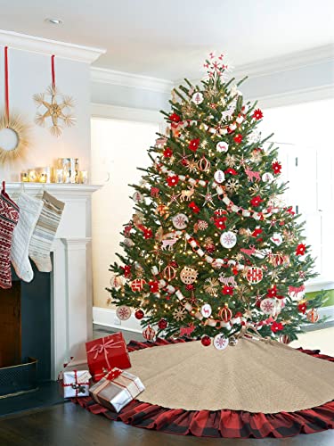 48 Inch Buffalo Plaid Burlap Tree Skirt with Ruffle - Rustic Farmhouse Christmas Decor