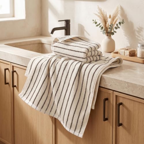 Cream & Brown Striped Bathroom Hand Towels 2-Piece Cotton Set - Jacquotha
