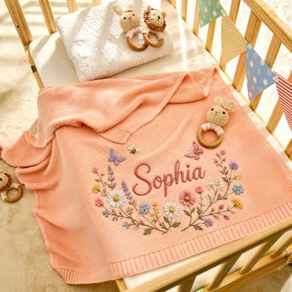 Personalized Floral Wreath Baby Blanket with Name Embroidery - Style 1