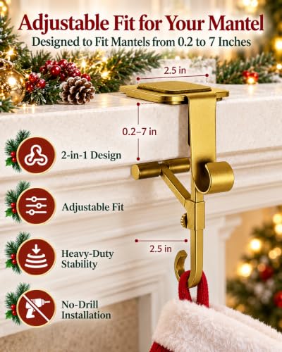 Adjustable Heavy Duty Fireplace Stocking & Garland Hanger - Gold / 4