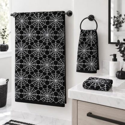 Halloween Cotton Towels Set of 3 with Spider Web Design - Black & White Decor