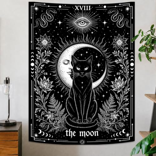 Gothic Black Cat Moon Tarot Wall Tapestry - 44x60in Mystic Decor