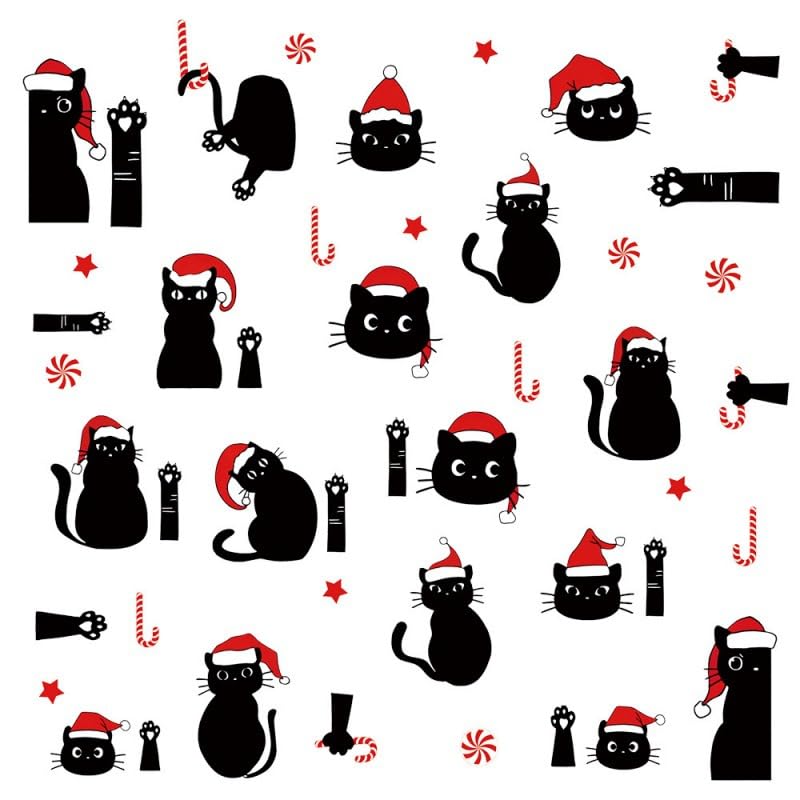 Christmas Black Cat Wall Decals - Candy Cane & Santa Hat Stickers for Holiday Decor