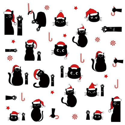 Christmas Black Cat Wall Decals - Candy Cane & Santa Hat Stickers for Holiday Decor