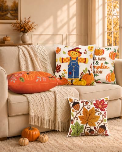 Fall Embroidered Throw Pillow Cover 18x18 Inch - Maple Acorn - Pack of 1