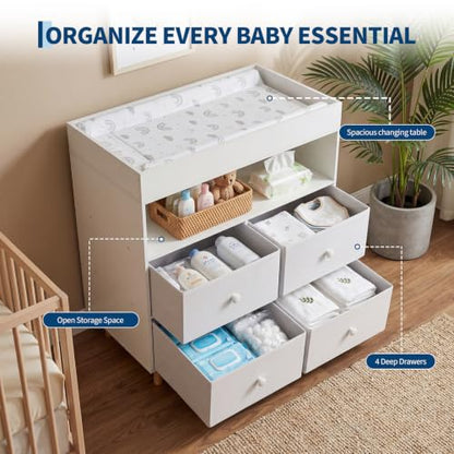 Baby Changing Table with 4 Drawers & Shelves - White Nursery Dresser