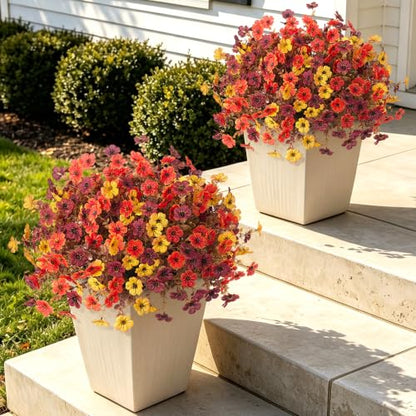 Artificial Fall Mums Flowers Set - Orange, Brown & Yellow for Outdoor & Indoor Decor