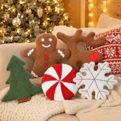 Christmas Throw Pillows 5 Pack - Cute Xmas Tree Candy Gingerbread Reindeer Snowflake Plush Decor - Variation of THIS listing