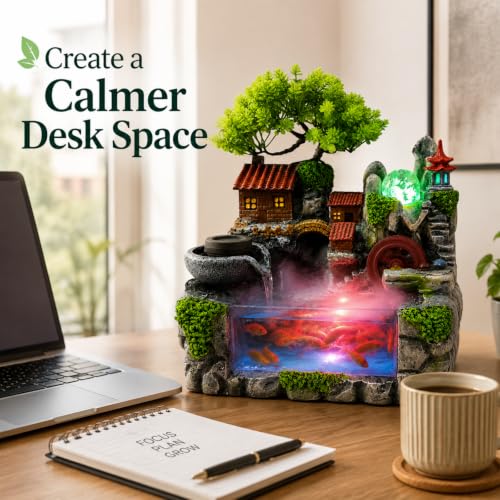 Indoor Tabletop Fountain with LED Lights, Mist, and Rockery Decor