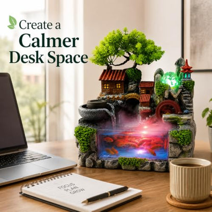 Indoor Tabletop Fountain with LED Lights, Mist, and Rockery Decor