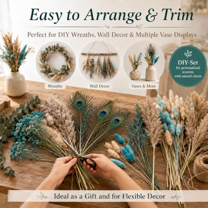 Teal Blue Turquoise Boho Bouquet with Dried Pampas Grass - 75 Pcs