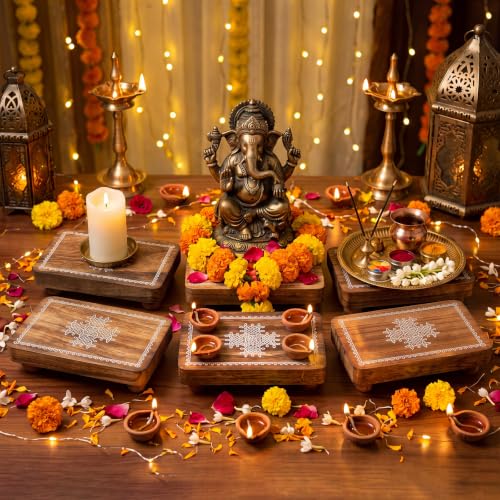 Wooden Pooja Stand Set of 6 with Kolam Pattern - Diwali & Religious Gifts, 15 x 9 cm