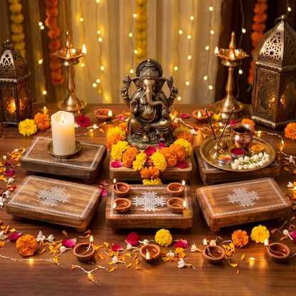 Wooden Pooja Stand Set of 6 with Kolam Pattern - Diwali & Religious Gifts, 15 x 9 cm